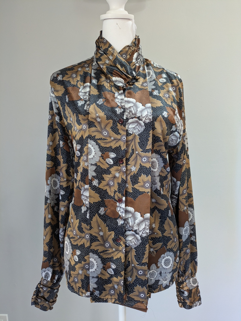 Floral Satin Button-Up Blouse in Brown and Black